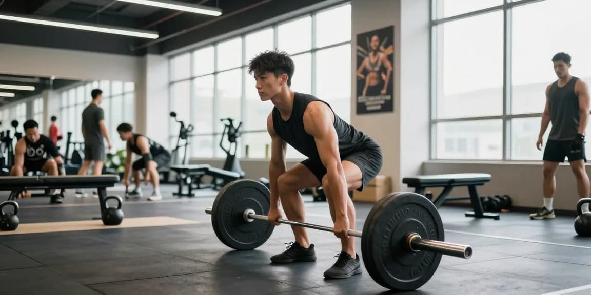 Persoon aan het deadliften in de Unique Pharma Steroiden Winkel met sportuitrusting en fitnessapparaten op de achtergrond.