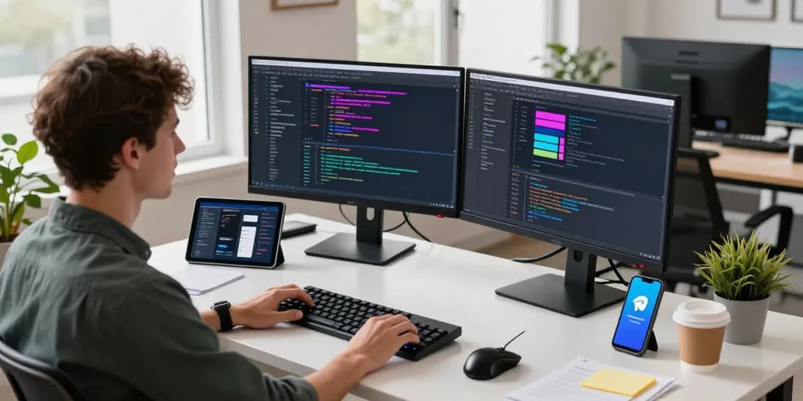 Download Telegram in a modern tech workspace filled with coding elements and vibrant screens.