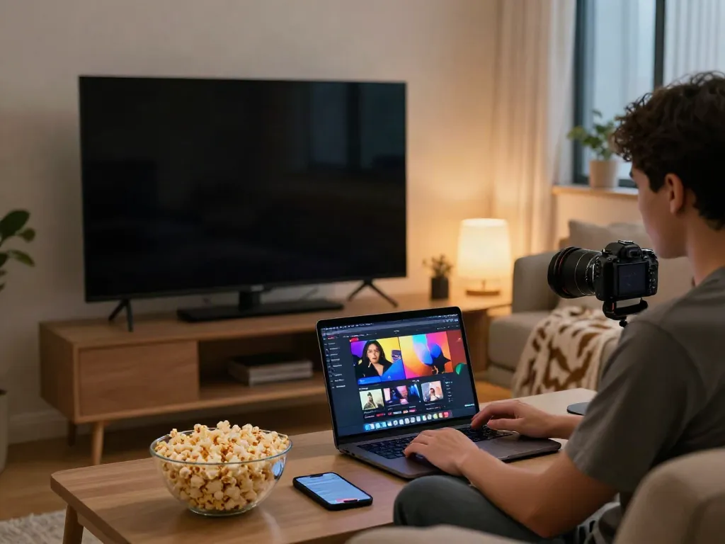 Enjoying Pikashow for MacBook in a cozy living room setup with popcorn.
