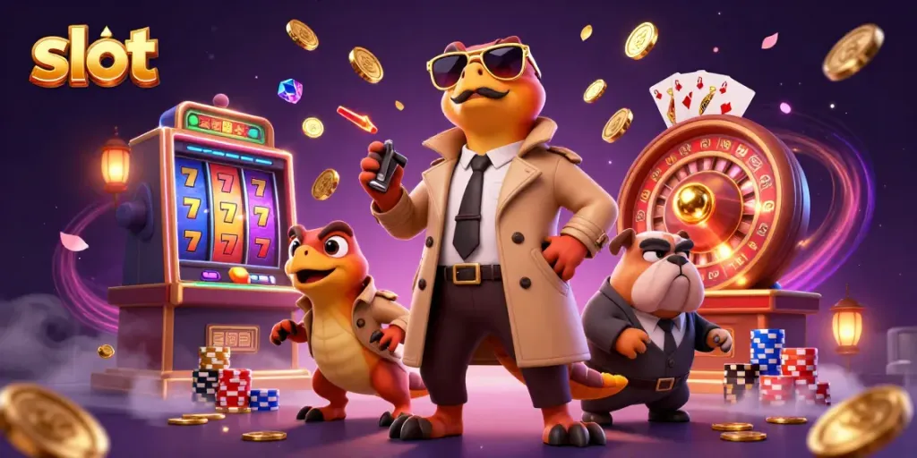 Engage in exciting slot gaming with lively raptors in a trench coat and a vigilant bulldog bouncer.