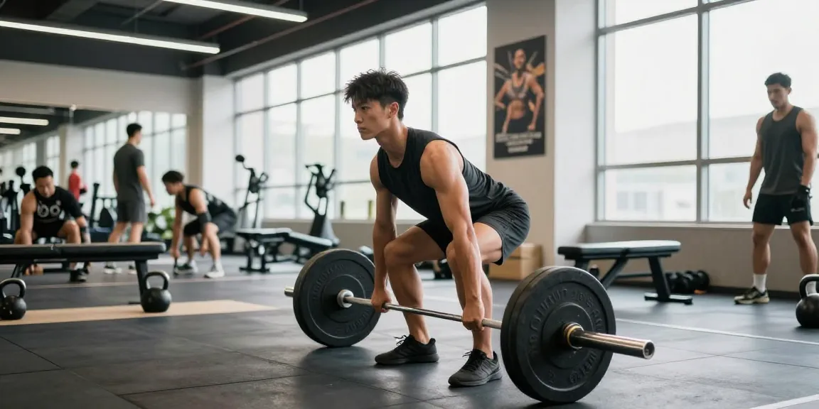 Persoon aan het deadliften in de Unique Pharma Steroiden Winkel met sportuitrusting en fitnessapparaten op de achtergrond.
