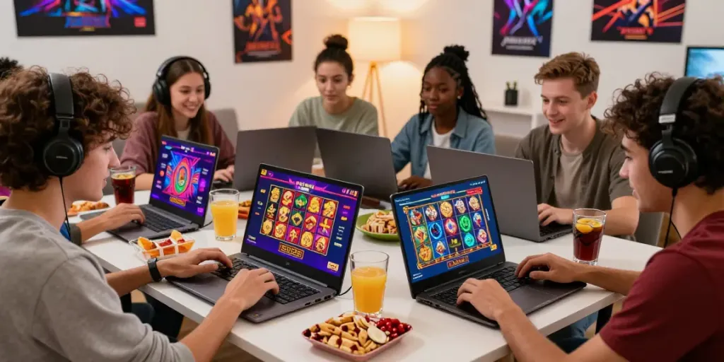 Friends enjoying online slot games at DA88, showcasing vibrant graphics and a lively atmosphere.