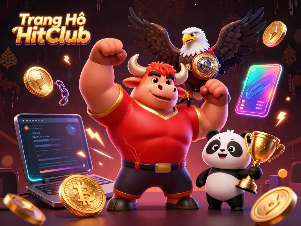 Engage with the vibrant action at Trang Chủ HitClub featuring dynamic casino elements and characters celebrating winnings.