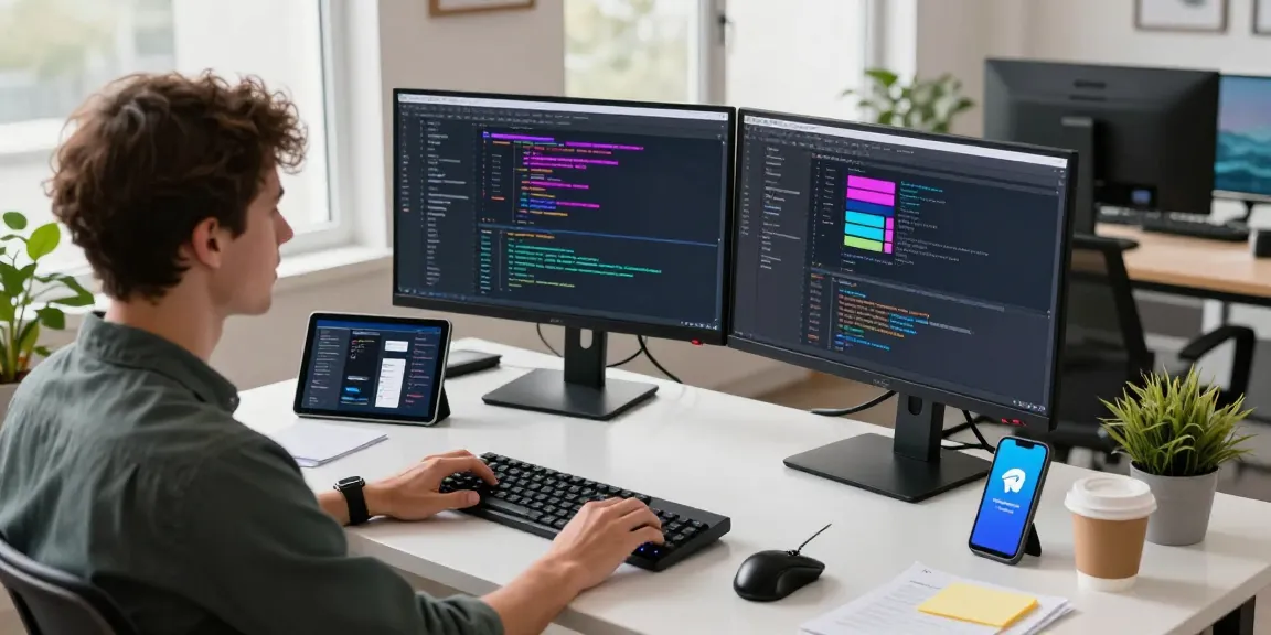 Download Telegram in a modern tech workspace filled with coding elements and vibrant screens.
