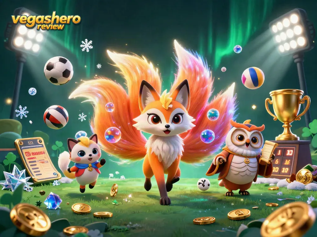 Experience the vibrant vegashero review in a dynamic 3D casino illustration with animated characters and elements.