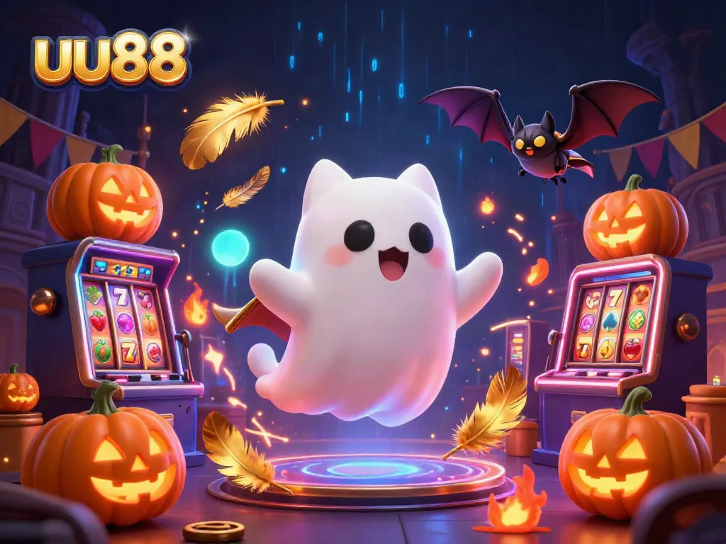 Engage in exciting casino fun at uu88 with a ghost cat and a vampire bat animated in a vibrant scene.