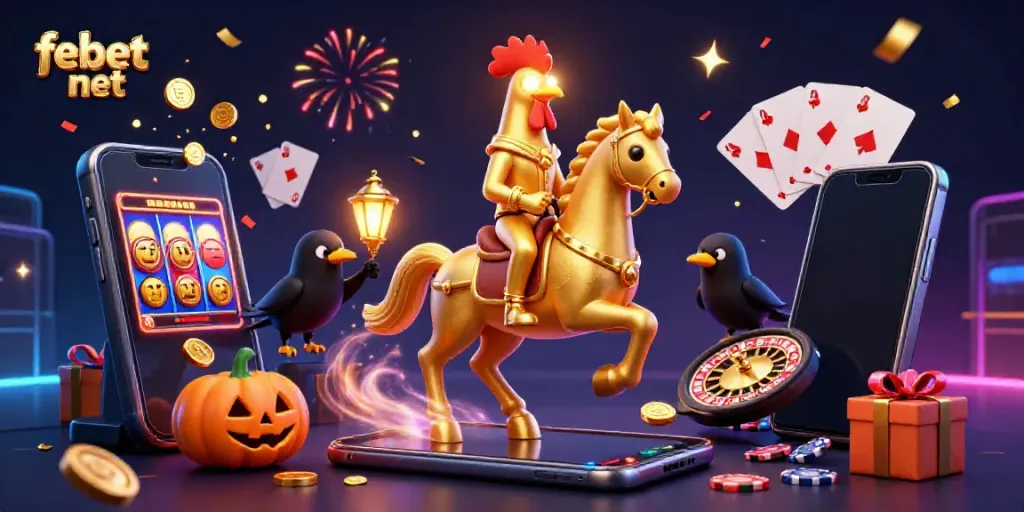 Experience the excitement at febet net with dazzling golden decor and casino elements illuminating the scene.