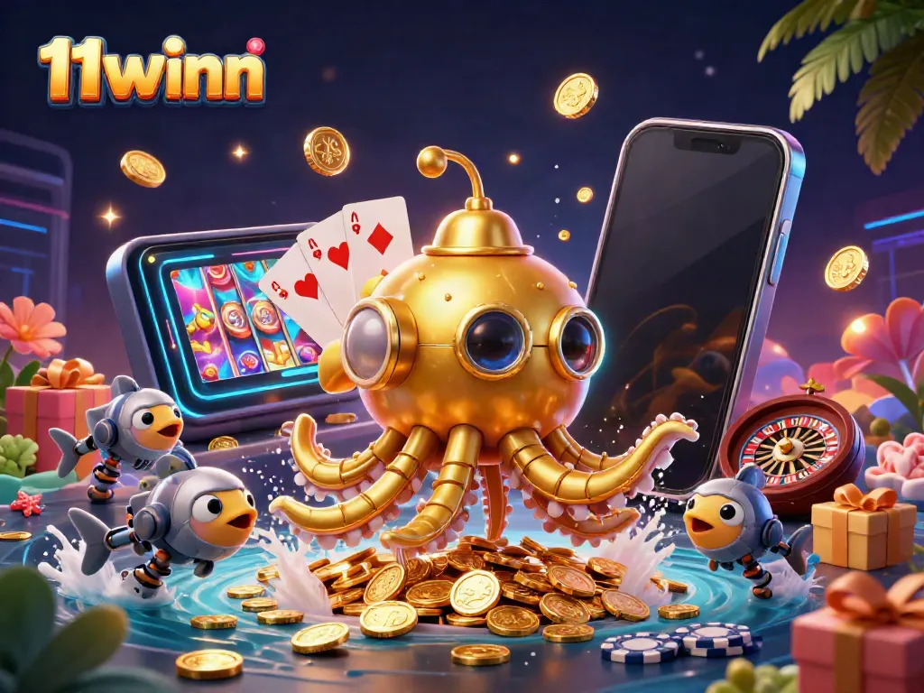Engage with thrilling gameplay at 11winn featuring slot games, a golden kraken submarine, and dynamic casino elements.