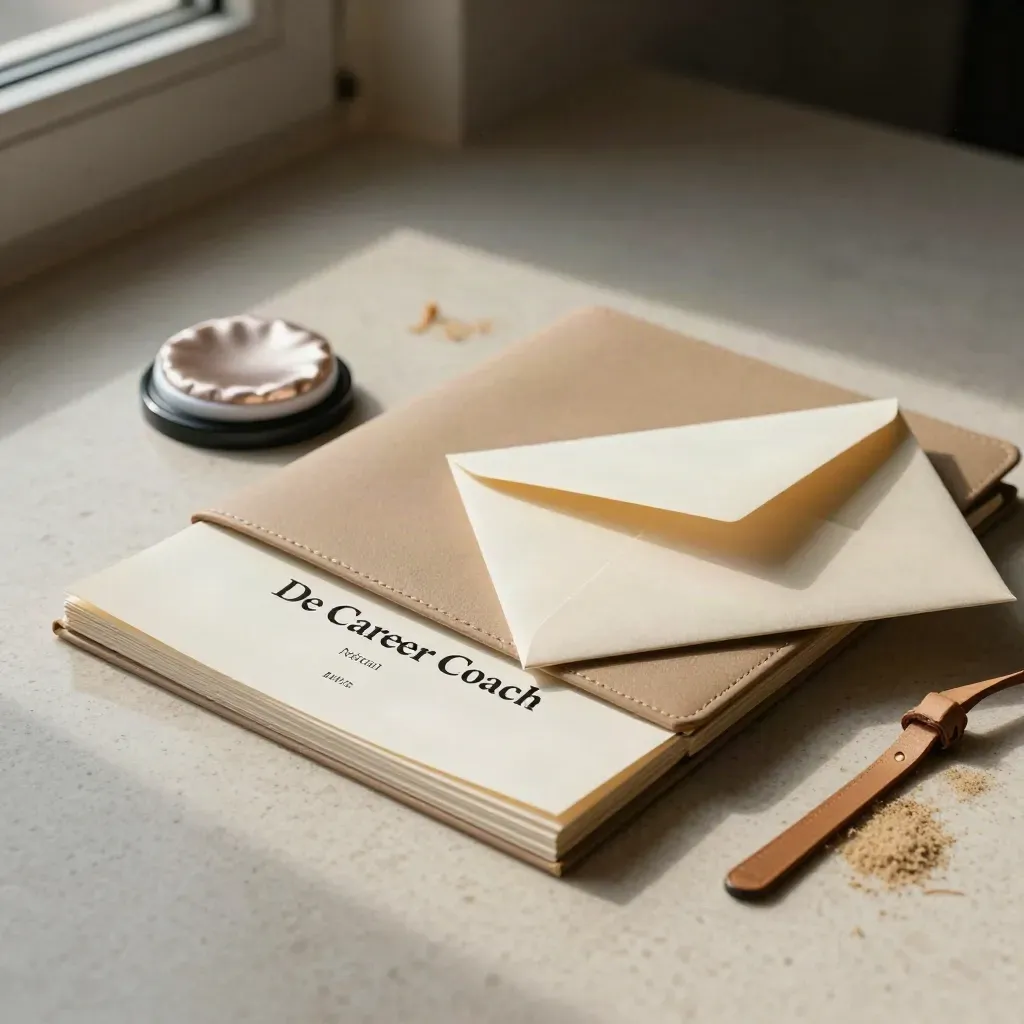 Stapel sollicitatiebrieven, map, envelop en inktpad op travertin met zacht licht.