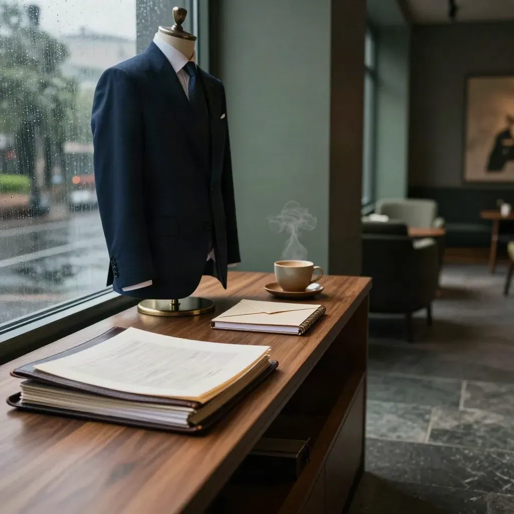 Stijlvolle carrièrecoach-lounge met blazer, folio en documenten bij regenlicht.