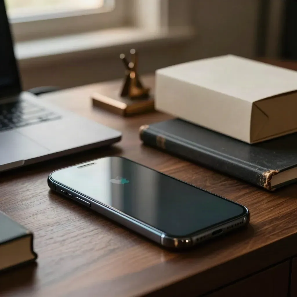 Matte smartphone met vaag profielscherm, gesloten laptop en bronzen standaard op warm hout.