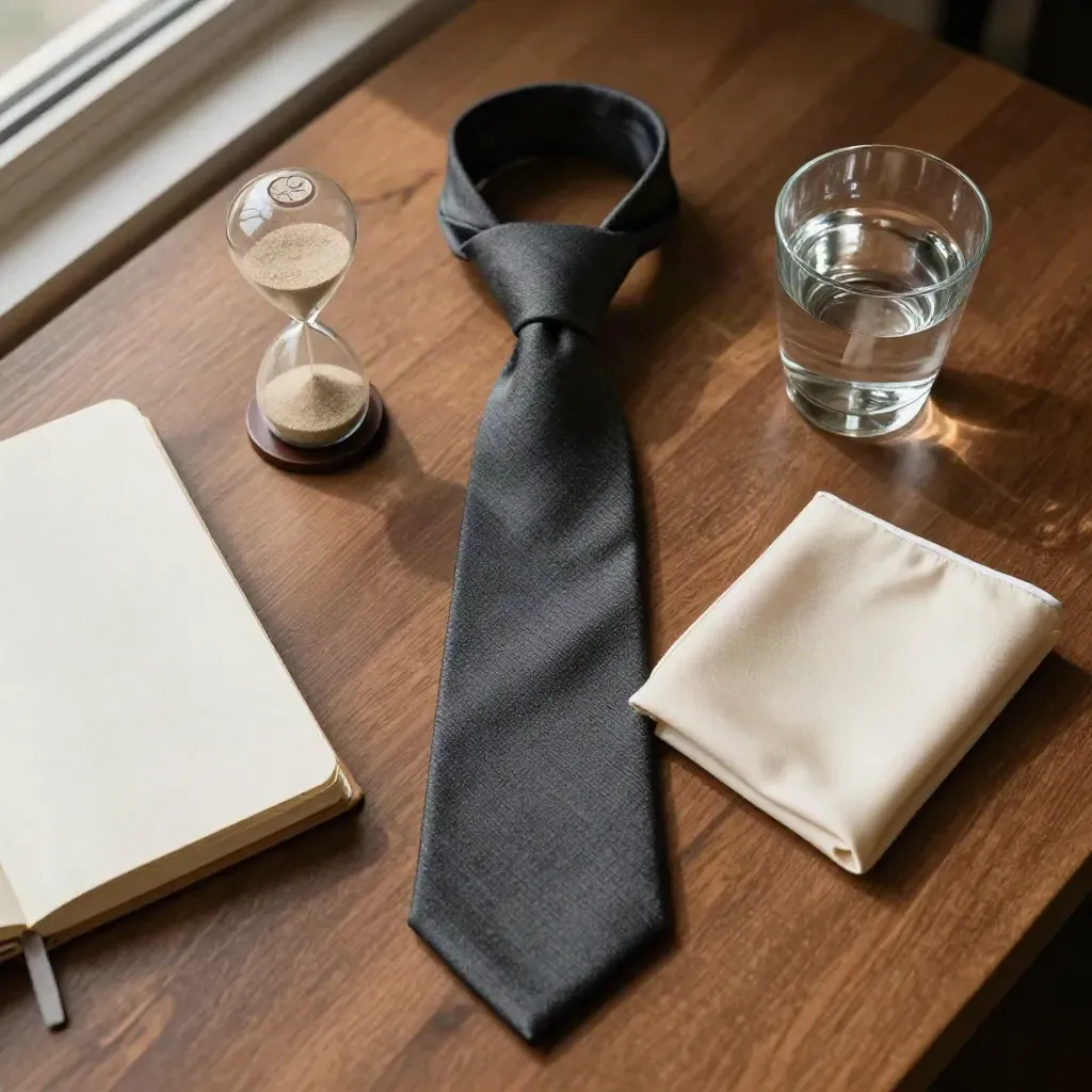 Interviewset met stropdas, zandloper, pocket square, notitieboek en glas water op warm hout.