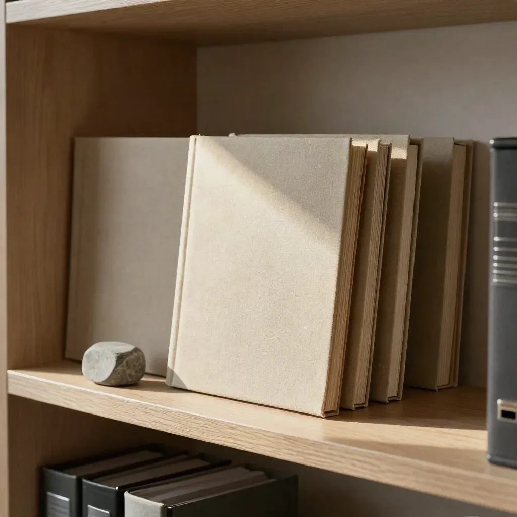 Drie routefolders op een plank, één map in warm licht naast een stenen paperweight.