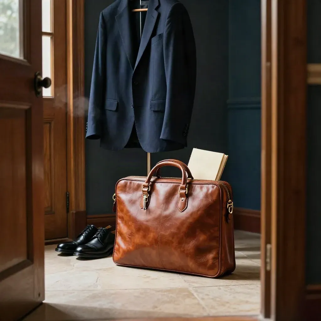Polished leren aktetas, blazer, schoenen en sleutel in een stille hal, klaar voor de eerste werkdag.