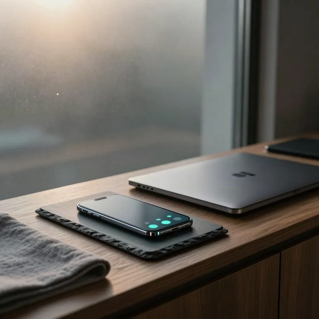 Smartphone met notificatiegloed naast gesloten laptop en standaard op slate in een stille kantoorruimte