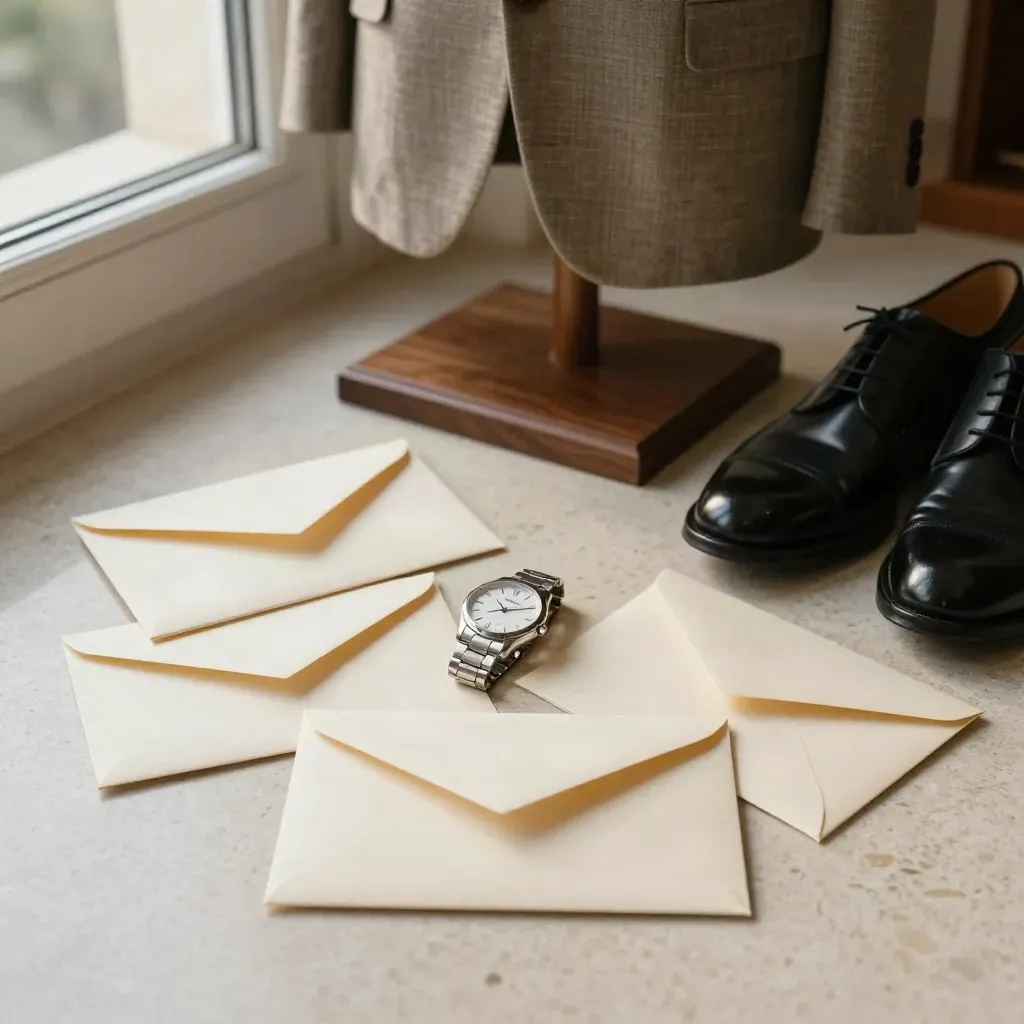Drie uitnodigingsenveloppen, een horloge, blazer en schoenen in warm licht van bovenaf.