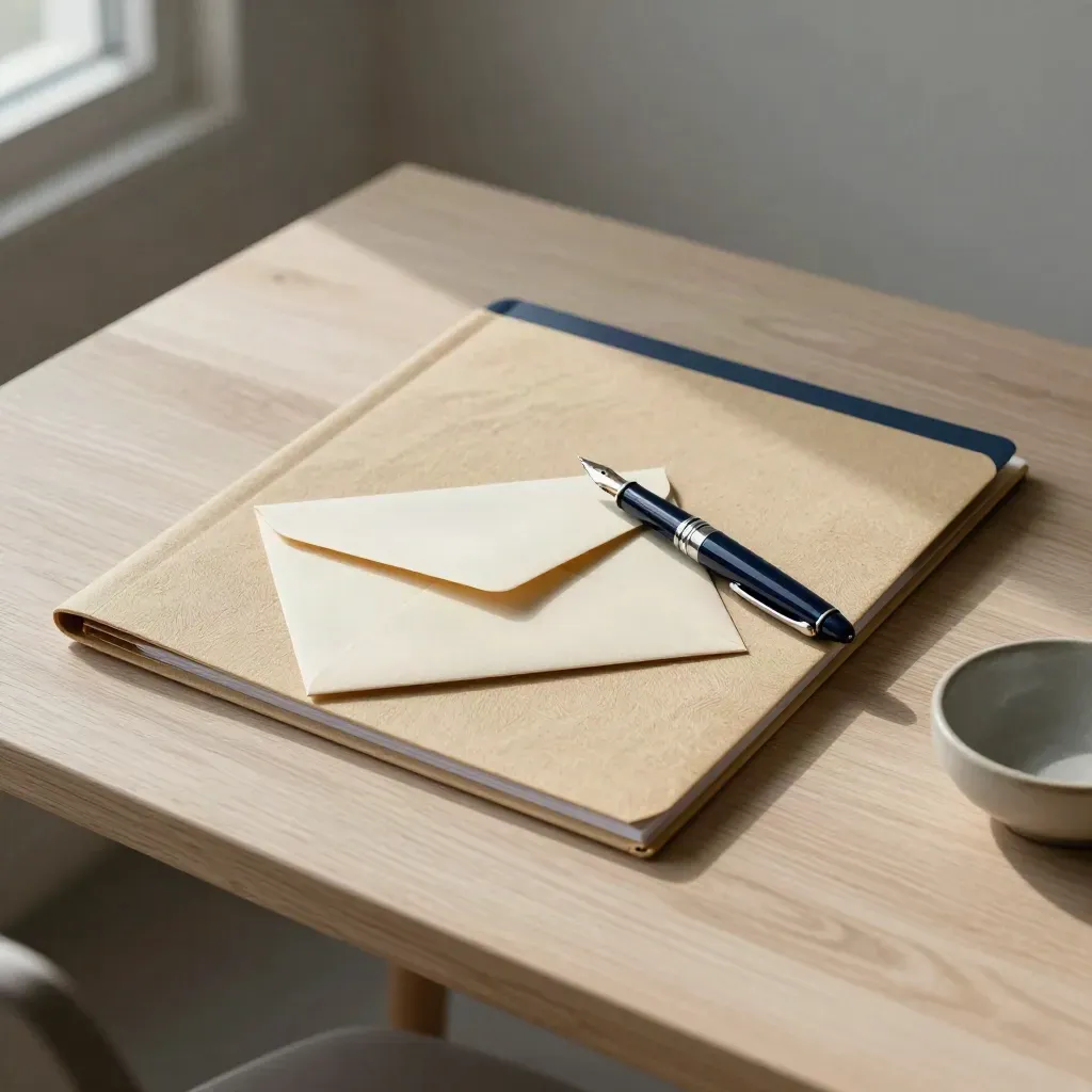 Bovenaanzicht van intakefolder, enveloppen, pen en keramisch schaaltje op licht hout.