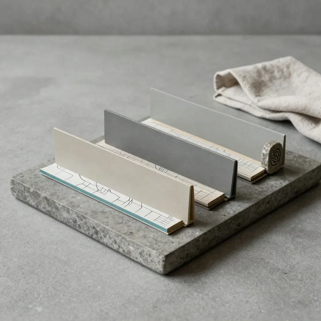 Drie neutrale dividers, routekaart en steenmarkeerder op een stenen tray met zachte schaduw.