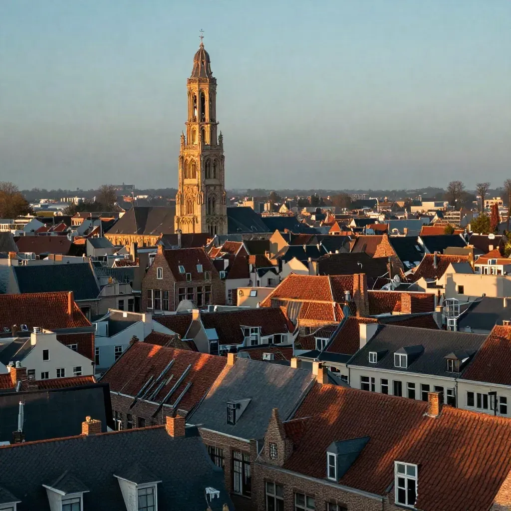 Domtoren boven Utrechtse daken in warm blauw uur met zachte mist