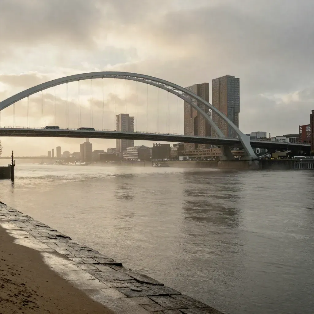 Rotterdam na regen met de Erasmusbrug, Maas en skyline in warm avondlicht