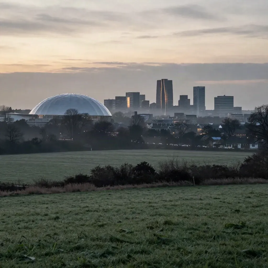 Eindhoven skyline in avondmist boven een rustige groene vlakte