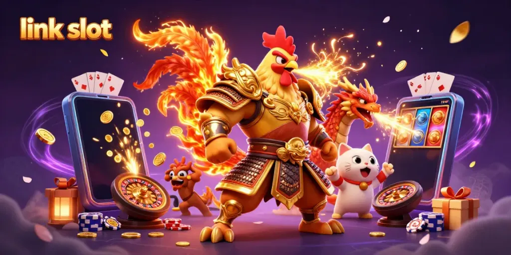 Experience the excitement of link slot games with captivating characters in a vibrant 3D scene.
