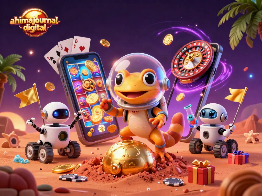 Engage with ahimajournal-digital's exciting scene of a Martian gecko discovering a casino adventure.
