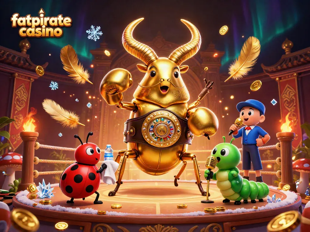 Engage with fatpirate casino action in a vibrant 3D illustration featuring a golden stag beetle and colorful characters.