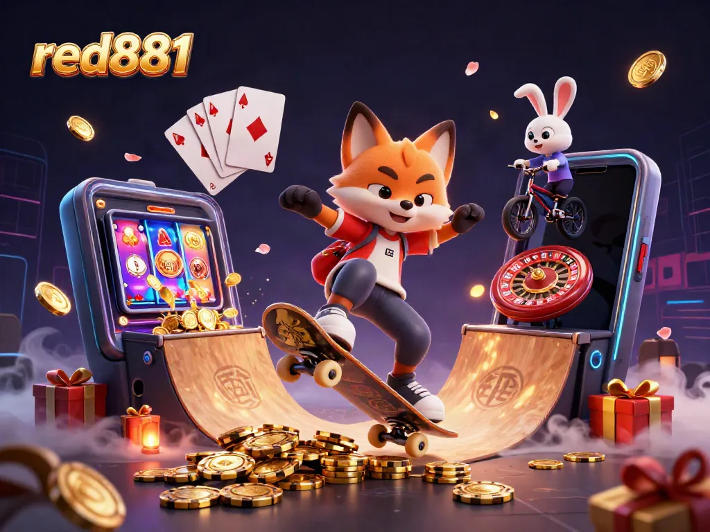 Experience exhilarating gameplay at red881 with a fox and rabbit in a vibrant casino-themed scene.