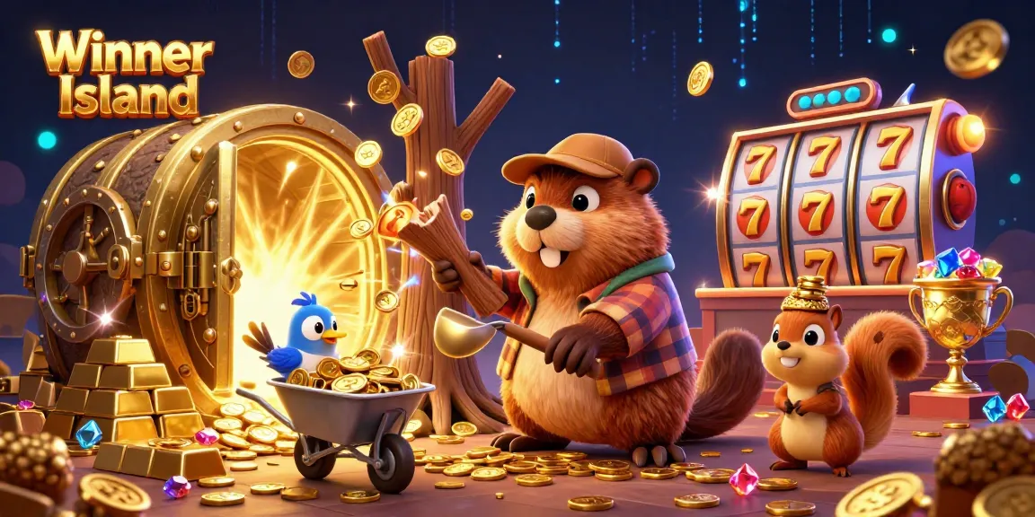 Collect golden coins on Winner Island with animated casino characters and slot symbols.