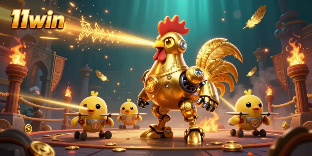 Experience thrilling action with the 11win golden rooster robot and baby chick drones in a dynamic casino setting.