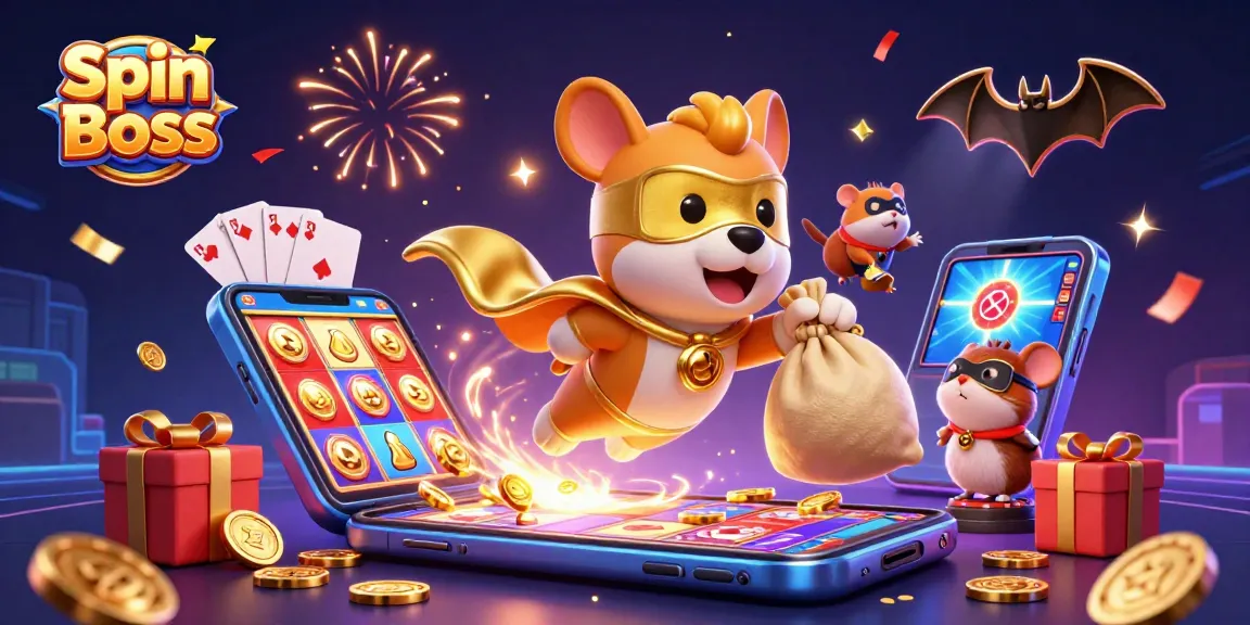 Join the Spin Boss adventure with a superhero dog and a golden poker chip in a vibrant casino scene.