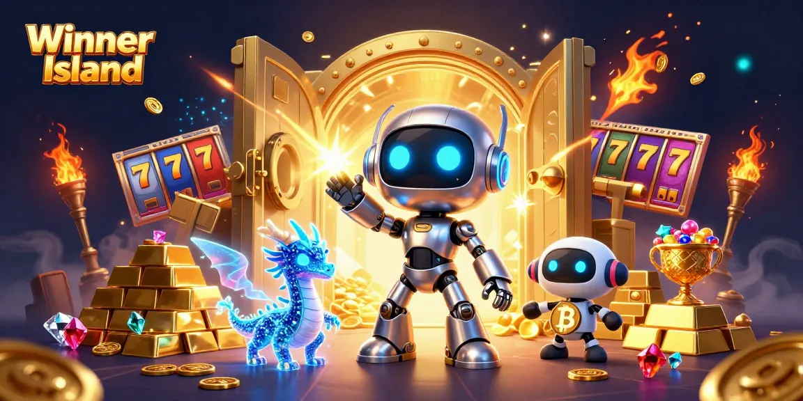 Winner Island casino illustration showcasing vibrant slot machines, treasures, and characters enhancing online gaming excitement.