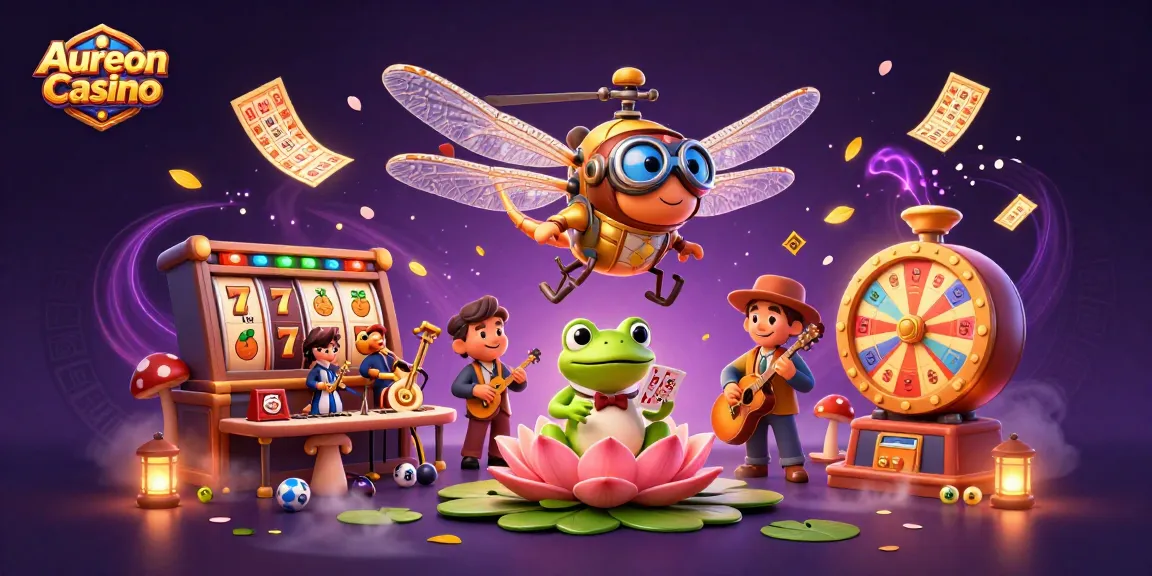 Aureon Casino showcases a whimsical illustration with a dragonfly pilot and a frog croupier, filled with exciting game elements.