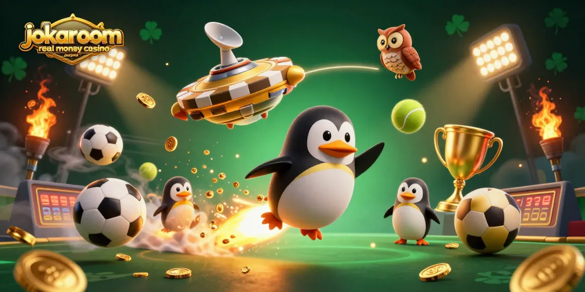 Experience the thrill at jokaroom real money casino australia with a golden penguin soaring toward a cash-filled poker chip.